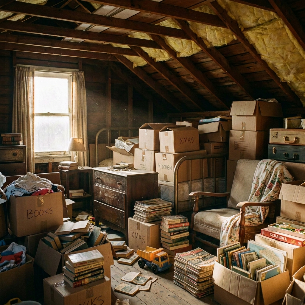 Attic with packed boxes labeled books, kitchen, and Xmas, children's toys, and a floral armchair